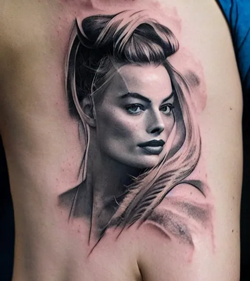 Image similar to tattoo sketch of margot robbie mash up amazing mountain scenery and nature, double exposure effect, in the style of arlo dicristina, hyper realism, amazing detail, sharp