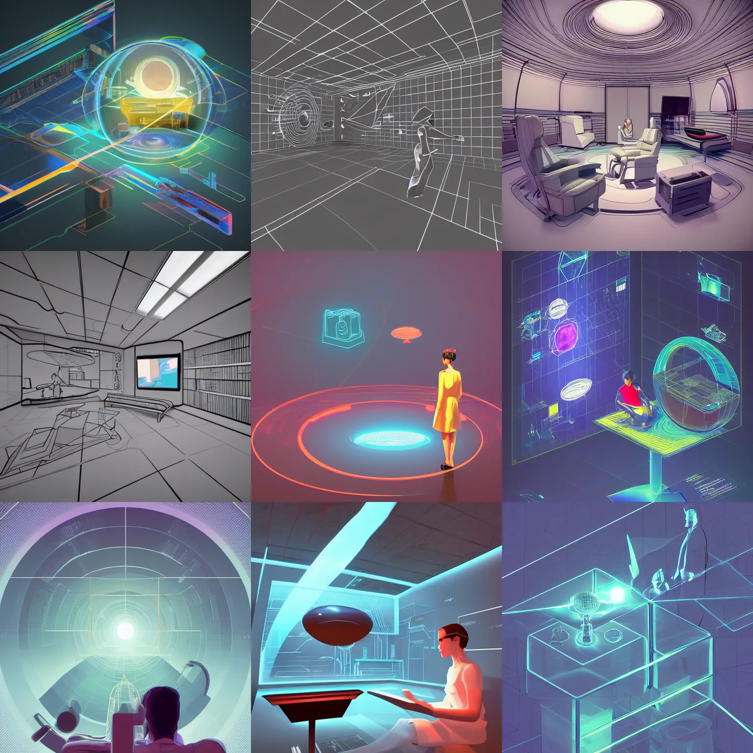 Prompt: Realistic depth. Fantastic lighting. Digital illustration artwork drawing cartoon masterpiece. Trending on Artstation, Behance, Pixiv, Deviantart, google images, youtube, reddit.com/r/ by Syd Mead. 3d version of a desktop interface in roomscale. Ideas represented within thought bubbles and symbolic pictograms. Somebody using a holographic 3d mind map within a room-space. User interface. Award-winning. UX/UI. User experience. Natural intuitive expressive. Multi-layered. Graspable. Easy. Complex.