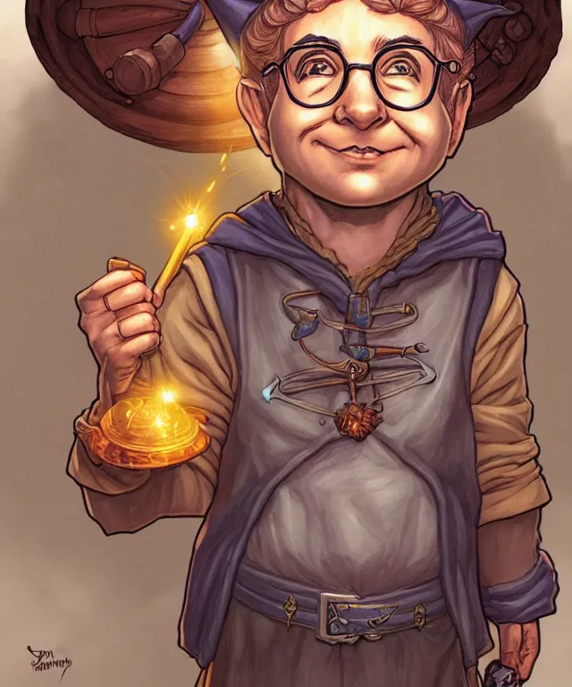 Image similar to a ( fantasy comic ) ( cover art ) portrait of a gnome tinkerer who looks like ( rick moranis ), digital illustration by jenny frison and sana takeda and kentaro miura, fine inking lines, dnd, highly detailed!, hd, 4 k, trending on artstation