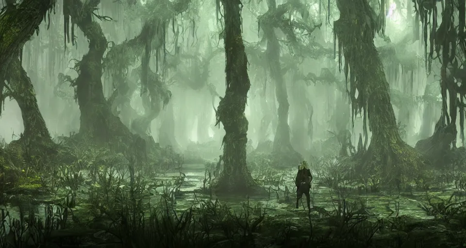 Image similar to A dense and dark enchanted forest with a swamp, from Final fantasy