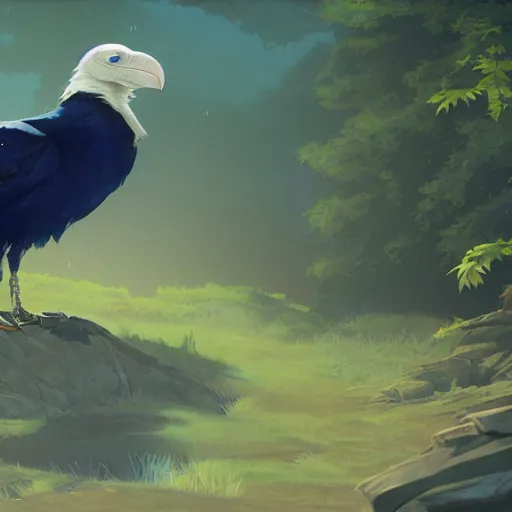 Image similar to concept art painting of an anthropomorphic albino raven wearing dark blue robes, in the deep forest, realistic, detailed, cel shaded, in the style of makoto shinkai and greg rutkowski and james gurney