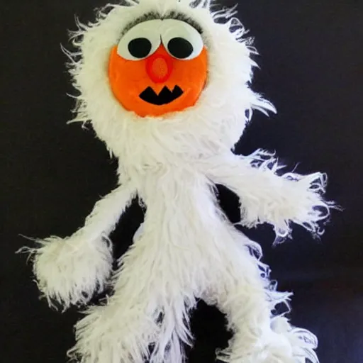 Prompt: a home made halloween ghost muppet plush, sesame street, photograph, realistic, photorealistic