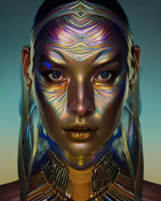 Image similar to highly detailed surreal vfx portrait of a metallic chromatic geometric tribal woman, behance, stephen bliss, unreal engine, greg rutkowski, loish, rhads, beeple, makoto shinkai and lois van baarle, ilya kuvshinov, rossdraws, tom bagshaw, alphonse mucha, global illumination, detailed and intricate environment