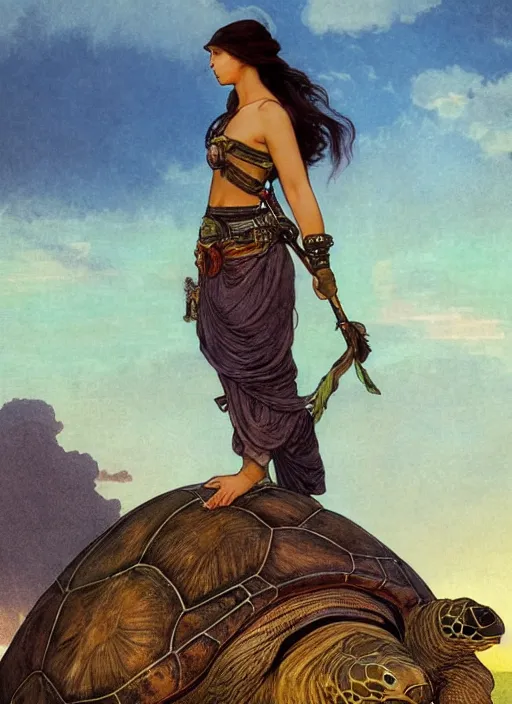 Image similar to a little warrior girl standing on top of one giant turtle in the desert. the girl has dark skin and beautiful green eyes, realistic full body and a very beautiful detailed symmetrical face with long black hair. diffuse light, dramatic sky and landscape, long shot fantasy illustration by mucha