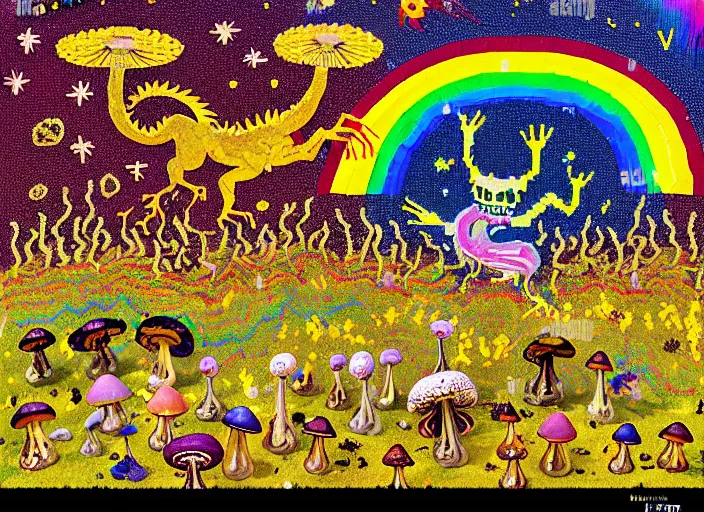 Image similar to pixel decollage painting golden armor alien zombie horseman riding on a crystal bone dragon broken rainbow diamond maggot horse in a blossoming meadow full of colorful mushrooms and golden foil toad blobs in a golden sunset, distant forest horizon, painted by Mark Rothko, Helen Frankenthaler, Danny Fox and Hilma af Klint, pixelated, neo expressionism, semi naive, rich deep colors, cinematic, color field painting, cave painting, voxel, pop art look, outsider art, minimalistic. Bill Traylor painting, part by Philip Guston and Francis Bacon. art by Adrian Ghenie, 8k, extreme detail, intricate detail, masterpiece