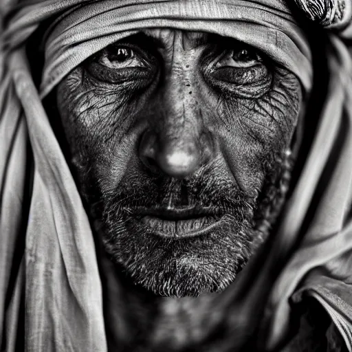 Prompt: Award Winning Portrait of a Bedouin Nomad with beautiful eyes wearing a headband by Lee Jeffries, 85mm ND 5, perfect lighting