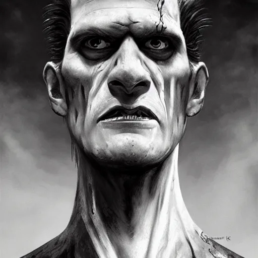 Image similar to black and white, portrait of frankenstein, scarred, in a suit, fantasy art, art by greg rutkowski, matte painting, trending on artstation