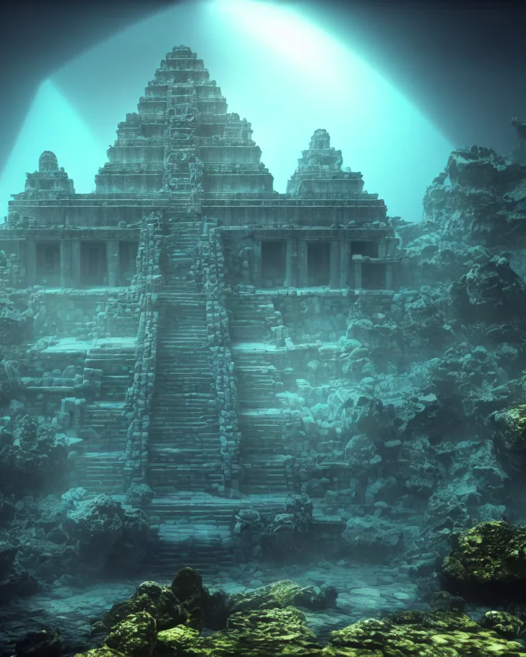 Image similar to ultrawide shot of submerged pre - incan temple, anime style mixed with fujifilm, dark, underwater, symmetrical, bubbles, abyss, dark, murky, foggy, atmospheric, crepuscular rays, artstation, cgsociety, octane render, cgi, unreal engine 5, denoise, detailed, cinematic masterpiece