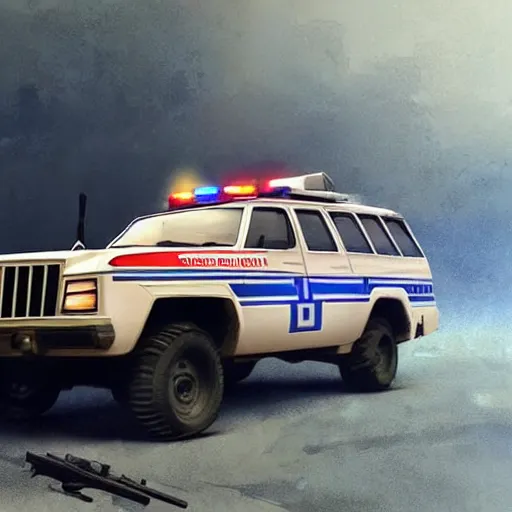 Image similar to a highly detailed epic cinematic concept art CG render digital painting artwork: dieselpunk Soviet 1980s police patrol car. By Greg Rutkowski, Ilya Kuvshinov, WLOP, Stanley Artgerm Lau, Ruan Jia and Fenghua Zhong, trending on ArtStation, subtle muted cinematic colors, made in Maya, Blender and Photoshop, octane render, excellent composition, cinematic atmosphere, dynamic dramatic cinematic lighting, precise correct anatomy, aesthetic, very inspirational, arthouse