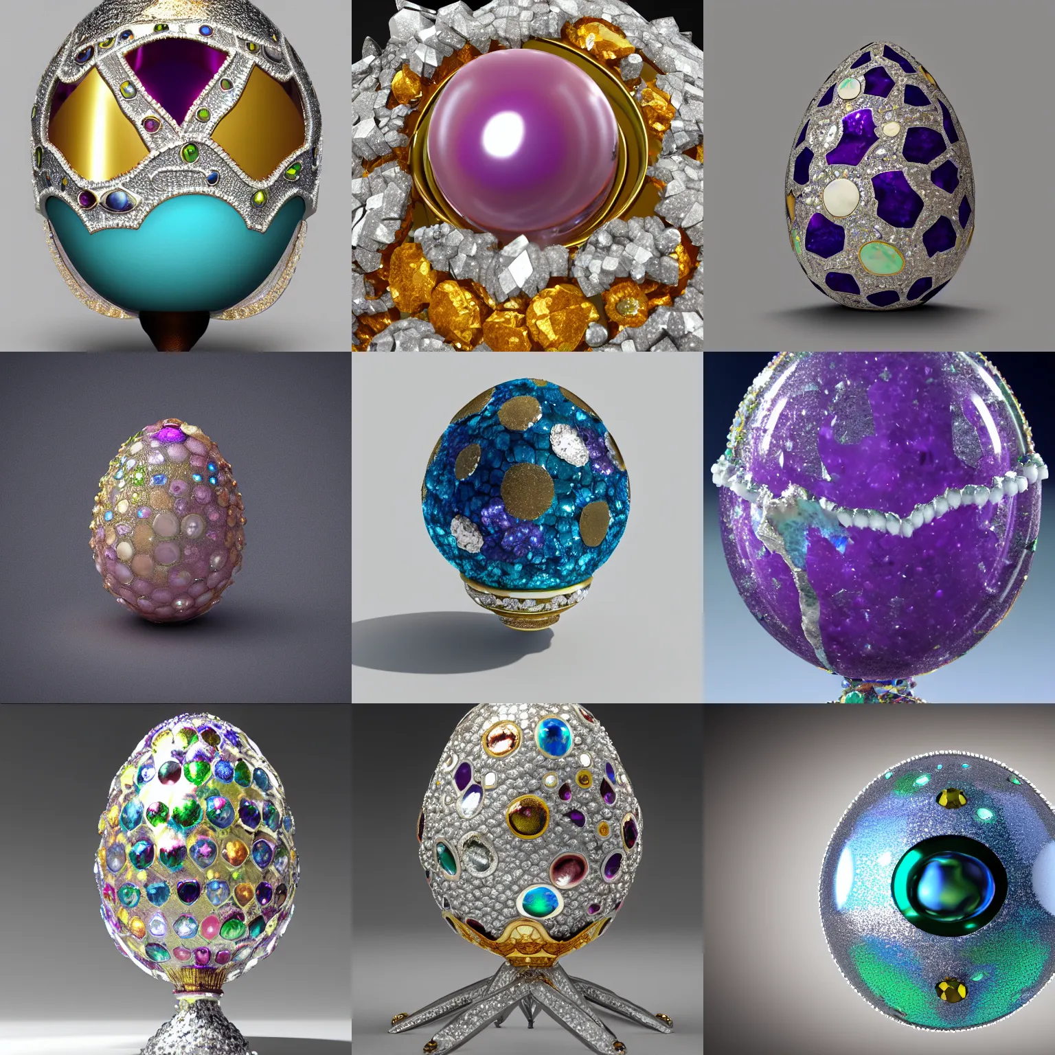 Prompt: a cracked geode Faberge egg with gems and silver, crystals, detailed, unreal engine, octane render, hyperrealistic