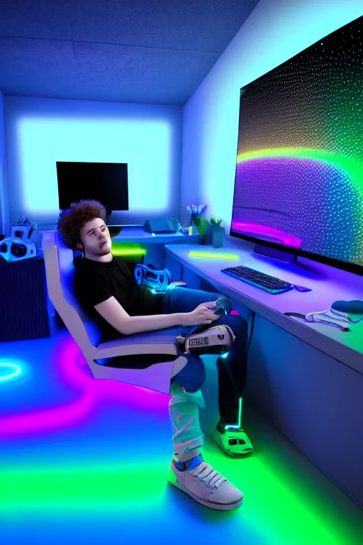 Image similar to young gamer sitting in gaming chair + neon rgb light strips, large computer monitor, galaxy themed room, cute bernedoodle puppy sitting at his feet, 4 k, award winning, octane render, volumetric lighting