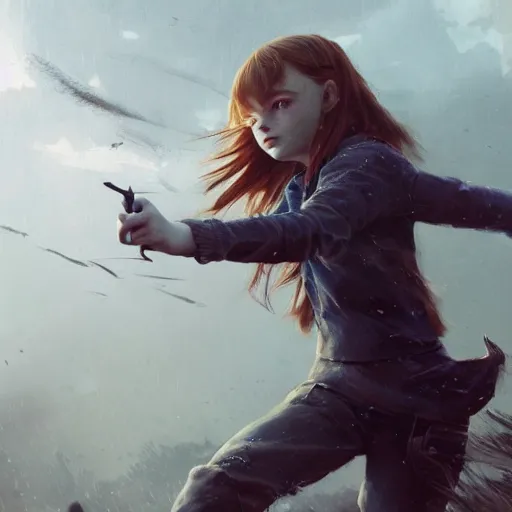 Prompt: a highly detailed epic cinematic concept art CG render digital painting artwork: teenage Sadie Sink in action. By Greg Rutkowski, Ilya Kuvshinov, WLOP, Stanley Artgerm Lau, Ruan Jia and Fenghua Zhong, trending on ArtStation, subtle muted cinematic colors, made in Maya, Blender and Photoshop, octane render, excellent composition, cinematic atmosphere, dynamic dramatic cinematic lighting, precise correct anatomy, aesthetic, very inspirational, arthouse