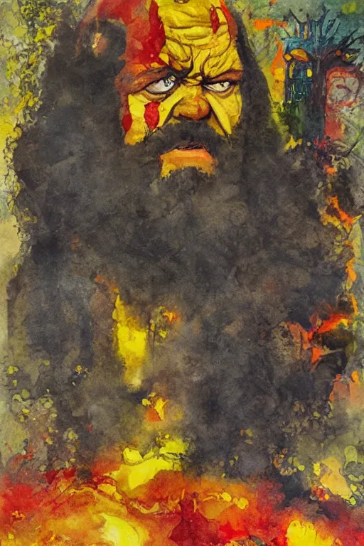 Image similar to surreal a hulking herculean hagrid in a post apocalyptic hellscape, esoteric symbolism, intense emotional power, red yellow black, palette knife oil painting by peter booth and william blake