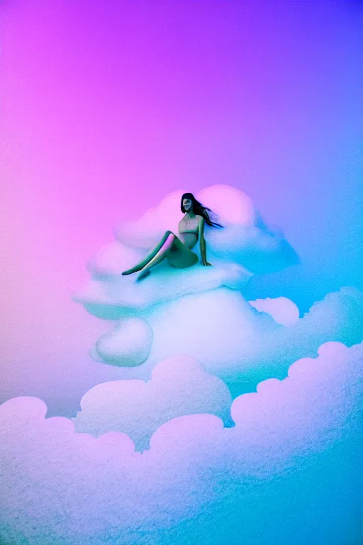 Image similar to high quality pastel coloured film close up wide angle photograph of a model wearing clothing swimming on cloud furniture in a icelandic black rock!! environment in a partially haze filled dreamstate world. three point light, rainbow. photographic production. art directed. pastel colours. volumetric clouds. pastel gradient overlay. waves glitch artefacts. extreme facial clarity. 8 k. filmic.