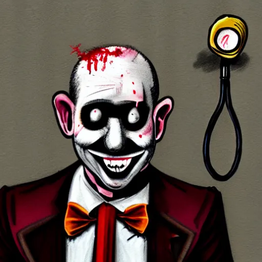 Image similar to a drawing of a clown with a stethoscope and wearing bloodied surgical scrubs, a character portrait by david firth, trending on deviantart, neoplasticism, freakshow, macabre