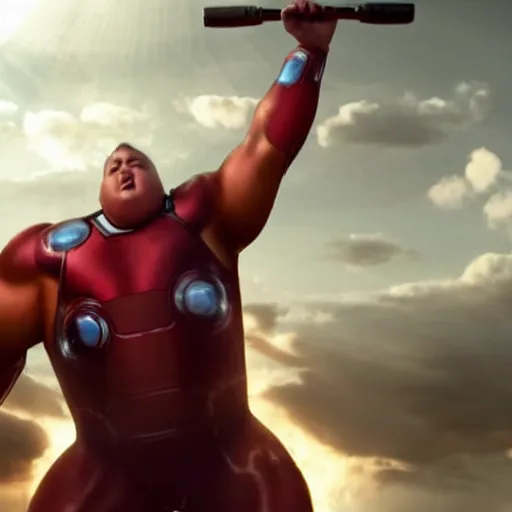 Prompt: obese rotund ironman lifting thor's hammer, still shot from the avengers movie