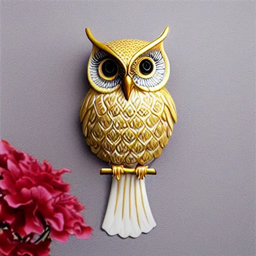 Image similar to gorgeous ornated snow white porcelain realistic detailed sacred owl wall decoration with golden filigree carved out of ivory