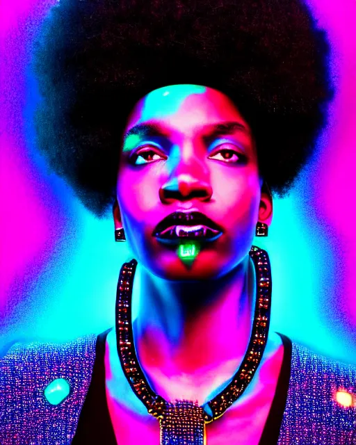 Image similar to afro futuristic portrait of a black woman. vivid neon lighting, colors. fashionable jacket, necklace. cyberpunk style, wearing a crown of blue crystals and diamond studs in the cosmos by manzel bowman