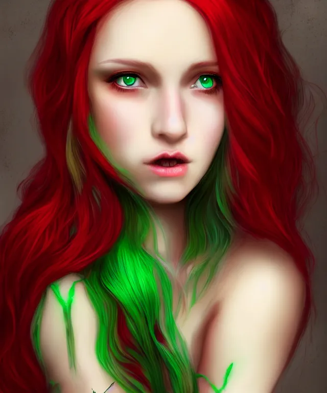 Image similar to Fae teenage girl, portrait, face, long red hair, green highlights, fantasy, intricate, elegant