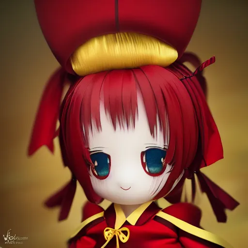 Prompt: cute fumo plush of a gothic maiden in a red and gold uniform, laces and ribbons, soft shadow, anime girl, vray, symmetry, white frame