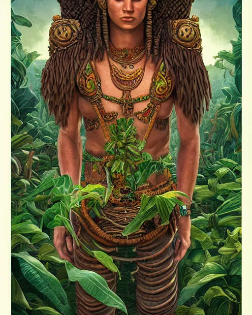 Prompt: digital painting of hun - hunahpu, mayan god of maize and vegetation by filipe pagliuso and justin gerard, symmetric, fantasy, highly detailed, realistic, intricate, portrait, sharp focus, tarot card