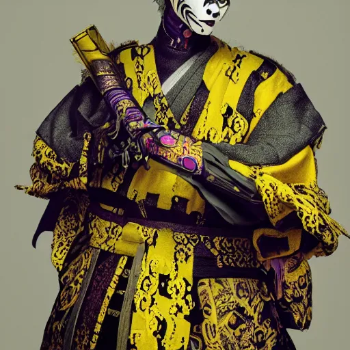 Prompt: portrait of old samurai, goth punk, vibrant yellow, colors, surreal, a french baroque by by alexander mcqueen, hyper detailed, very detailed, photograph, cinematic lighting, photorealistic, octane render, no red background