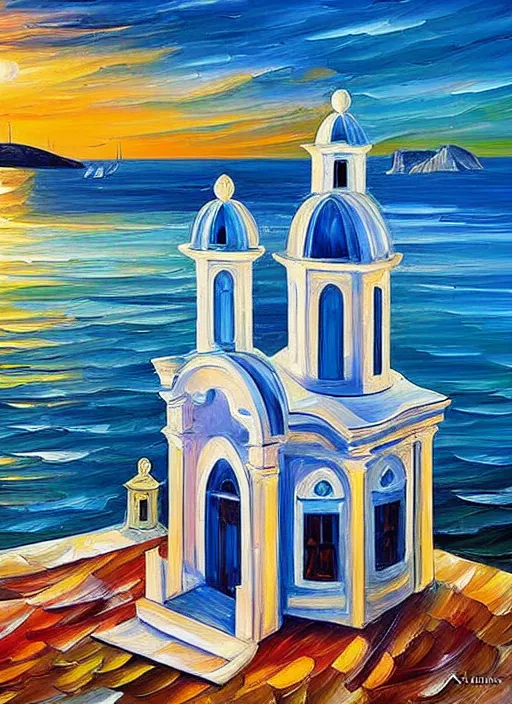 Prompt: beautiful seaside greek chapel in village at sunset in the style of leonid afremov