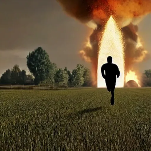 Image similar to cctv footage of a man running across a field, in the background is a large explosion, highly detailed, very realistic.