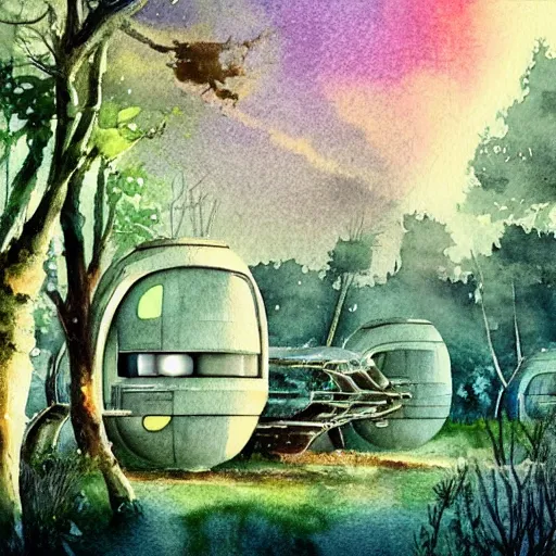 Prompt: beautiful happy picturesque charming organic futuristic sci - fi town of pod homes integrated in a forest area. water and trees. beautiful light. grainy and rough. soft colour scheme. beautiful artistic detailed watercolor by lurid. ( 2 0 2 2 )