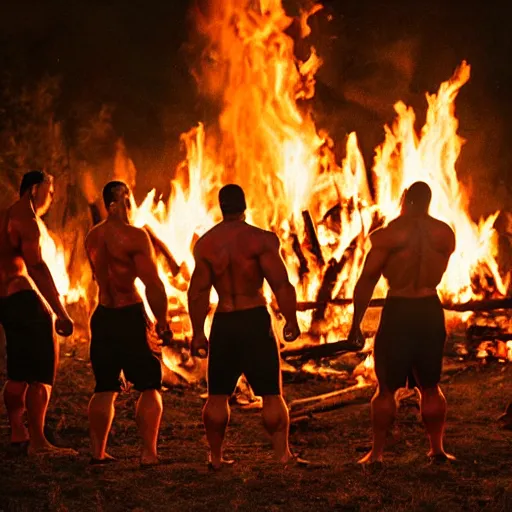 Prompt: bodybuilders stand around a bonfire, eating protein, protein! protein! protein!, photograph, by christopher bailey