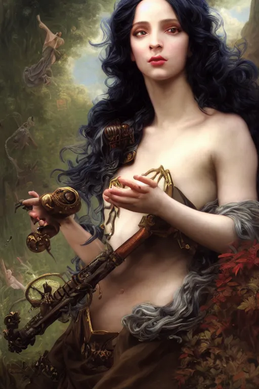 Image similar to a fantasy comic book style portrait painting of a beautiful woman with pale skin and long black hair, mystical valkyrie, francois boucher, oil painting, unreal 5, hyperrealistic, octane render, regal, refined, detailed digital art, rpg portrait, william - adolphe bouguereau, michael cheval, walt disney, steampunk, dynamic lighting, highly detailed, unreal engine