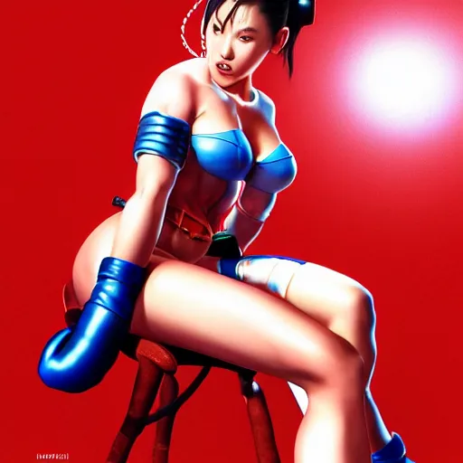 Image similar to 8K photorealistic Portrait of Chun-Li wearing red boxing gloves, sitting on a chair, intricate upper body, whole body, highly detailed, digital painting, artstation, concept art, smooth, sharp focus, illustration, art by Hajime Sorayama