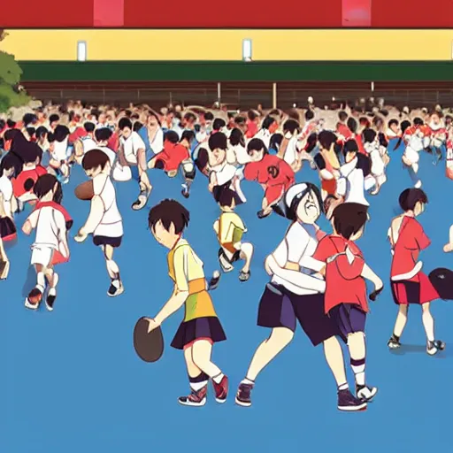 Image similar to sports festival, very crowded, sports tournament, school, studio ghibli