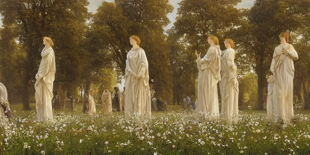 Prompt: a recursive cathedral made of marble within a wildflower meadow at dawn, infinite regress, droste effect, in the style of alma tadema