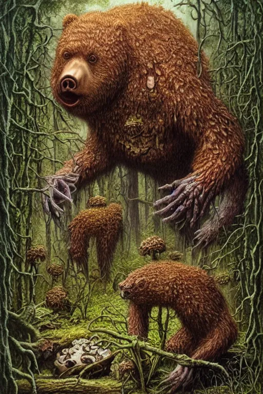 Image similar to a creepy, slimy swamp bear eating mushrooms that are growing out of its body. art by tomasz alen kopera and glenn fabry.