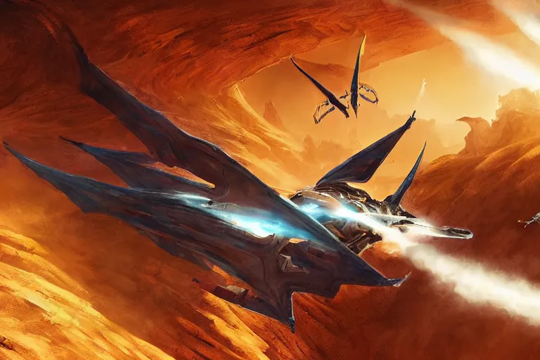 Prompt: a pteranodon mecha fighter zooms through the dark primordial maelstrom void of an HR Giger a painted desert valley, contrails of smoke, nebula and cosmic sky, cinematic lighting, engines blazing robotech mecha styling by Jessica Rossier and John Berkey, cinematic, realistic