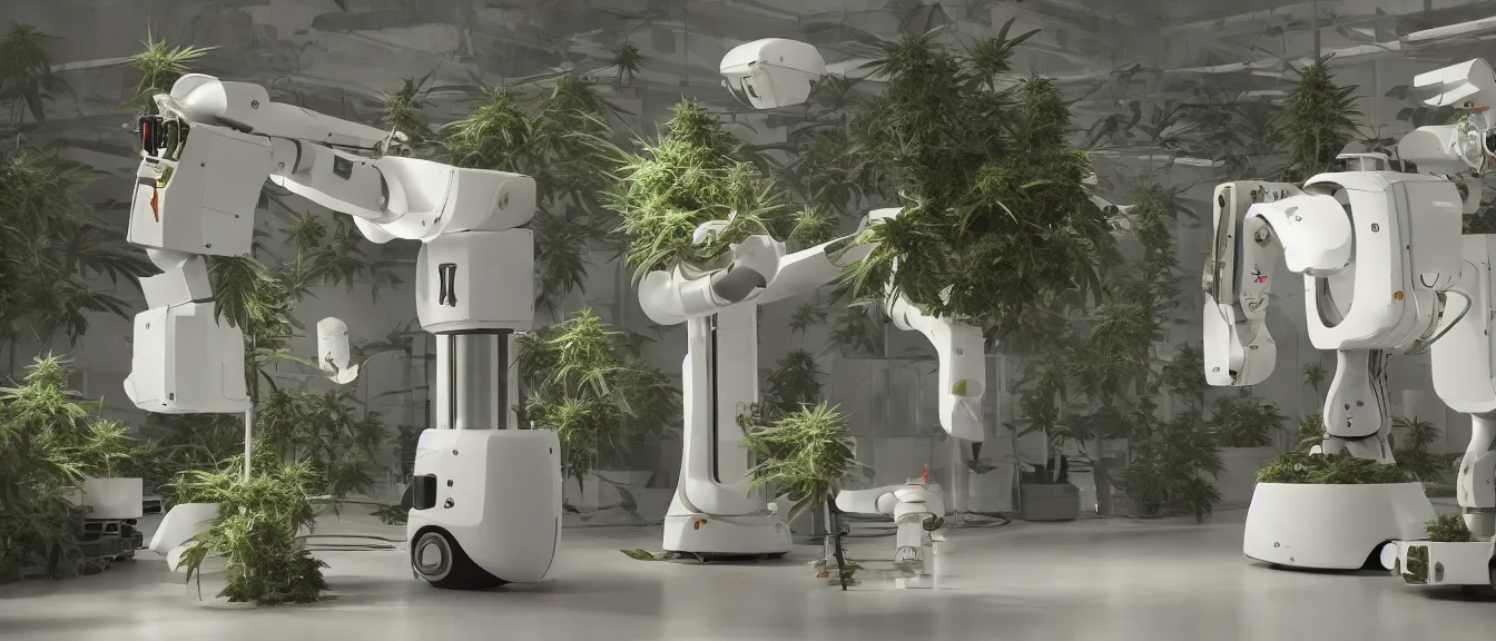 Prompt: three large white glossy kuka industrial robot harvesting a cannabis micro growery inside a fancy living room with retro modern furniture and decor, global illumination, artstation, fantasy, volumetric light