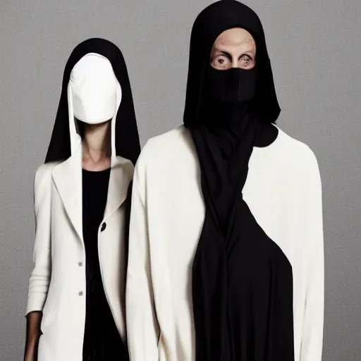 Image similar to a photo of a man and a woman wearing clothes by rick owens, faces covered by black veils, short blond hair, in a liminal space