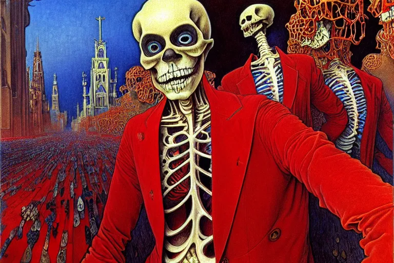 Image similar to realistic detailed closeup portrait painting of a single skeleton wearing red velvet blazer in a crowded futuristic moscow street by Jean Delville, Amano, Yves Tanguy, Alphonse Mucha, Ernst Haeckel, Edward Robert Hughes, Roger Dean, rich moody colours, blue eyes