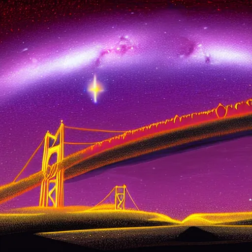 Image similar to WTC Twin Towers with distant Golden Gate Bridge in center, glowing black hole in the night sky in front of the Milky Way, red-hooded magicians casting purple colored spells towards the towers, white glowing souls flying out of the towers to the black hole digital painting in the style of The Lord of the Rings