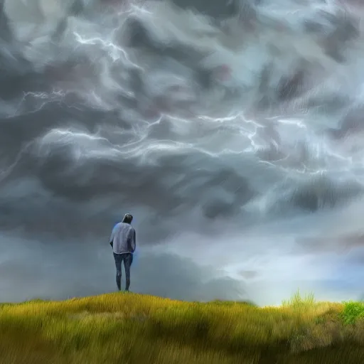 Image similar to a regretful man on a hill and storm is coming, digital painting, futured, ultra detailed