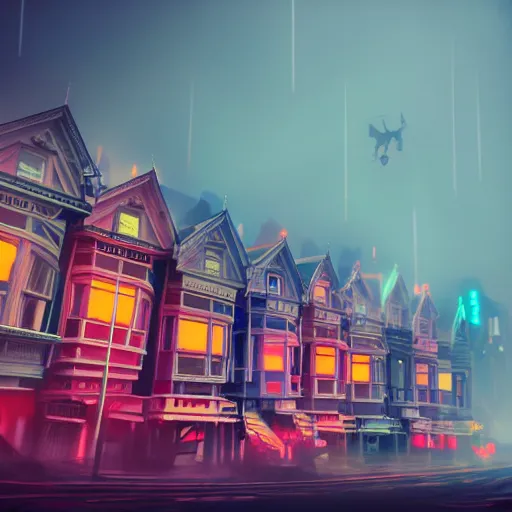 Image similar to a photograph of the painted ladies in san francisco runes mythology foggy high contrast neon artstation cyberpunk dreamscape high definition