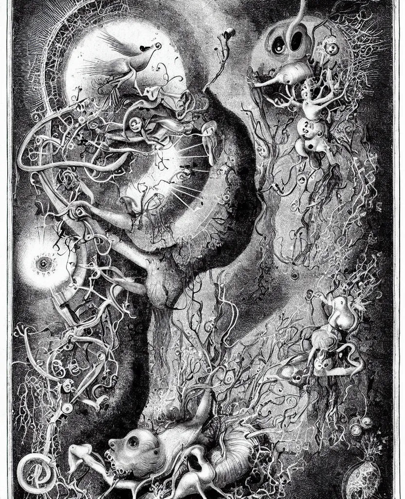 Image similar to whimsical freaky creature sings a unique canto about'as above so below'being ignited by the spirit of haeckel and robert fludd, breakthrough is iminent, glory be to the magic within