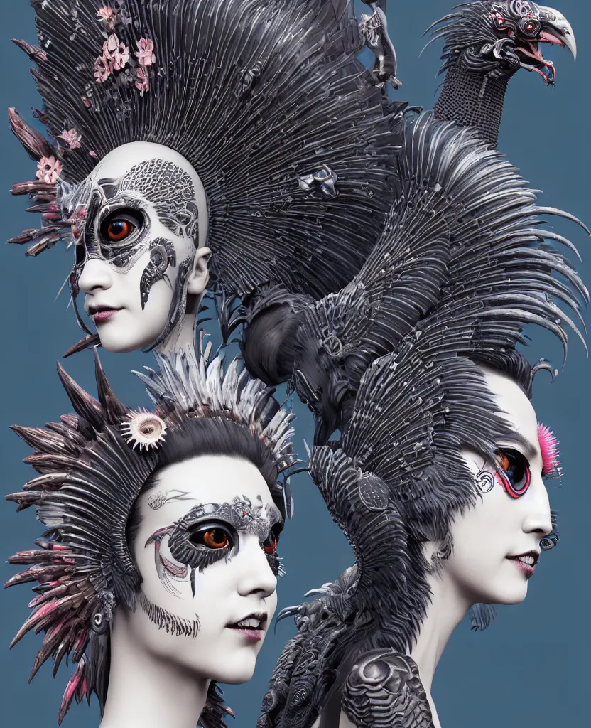 Image similar to 3 d goddess close - up profile portrait punk with mohawk with ram skull. beautiful intricately detailed japanese crow kitsune mask and clasical japanese kimono. betta fish, jellyfish phoenix, bio luminescent, plasma, ice, water, wind, creature, artwork by tooth wu and wlop and beeple and greg rutkowski