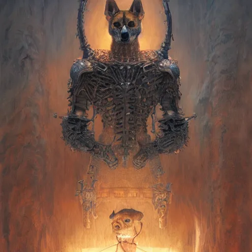 Image similar to bones and skull armor made of bones, anthropomorphic shiba inu, face, stuning 3 d render, masterpiece, glowing black aura, foggy dark graveyard, by donato giancola and greg rutkowski and wayne barlow and zdzisław beksinski, realistic face