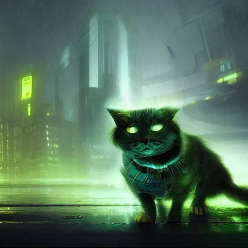 Image similar to moody atmospheric render of a cyborg cat with a chartreuse and teal color scheme by leon tukker