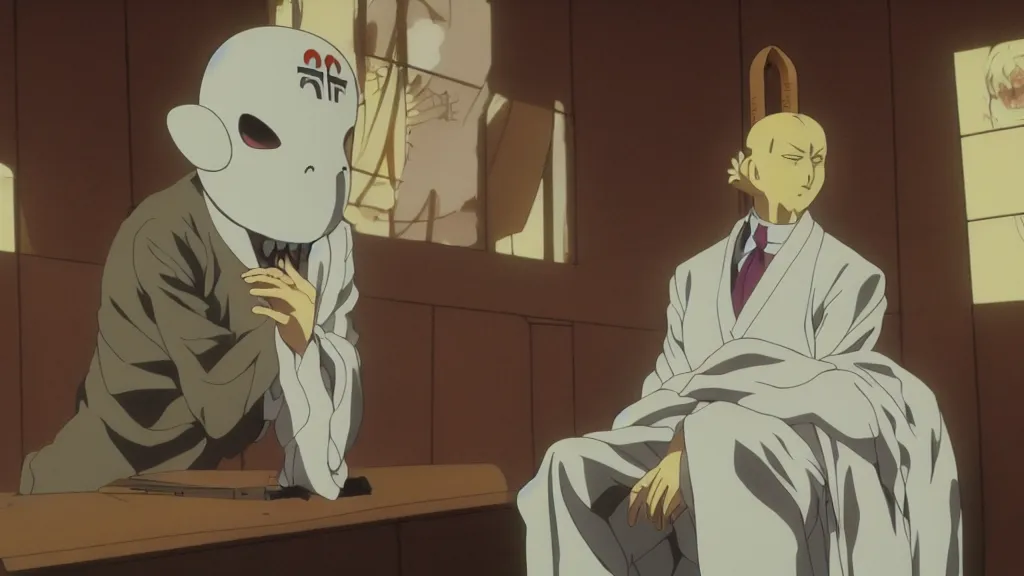 Image similar to a man wearing priest clothes and a white rabbit mask sitting in a confessional holding a pistol, anime film still from the an anime directed by Katsuhiro Otomo with art direction by Salvador Dalí, wide lens