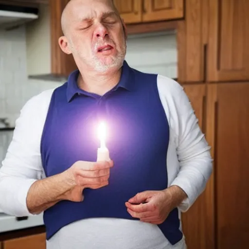 Prompt: grieving woman discovered her husband died of a heart attack in the kitchen candlelight