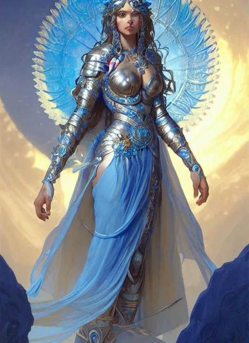 Prompt: a goddess of water wearing blue armor, with hands and hair turning into wearing, fantasy, intricate, elegant, highly detailed, digital painting, artstation, concept art, wallpaper, smooth, sharp focus, illustration, art by artgerm and greg rutkowski and alphonse mucha