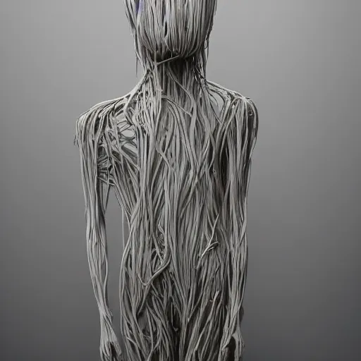 Prompt: A beautiful conceptual art of a human-like creature with long, stringy hair. The figure has no eyes, only a mouth with long, sharp teeth. The creature is standing on a cliff overlooking a dark, foreboding sea. wabi-sabi by Roxy Paine distorted